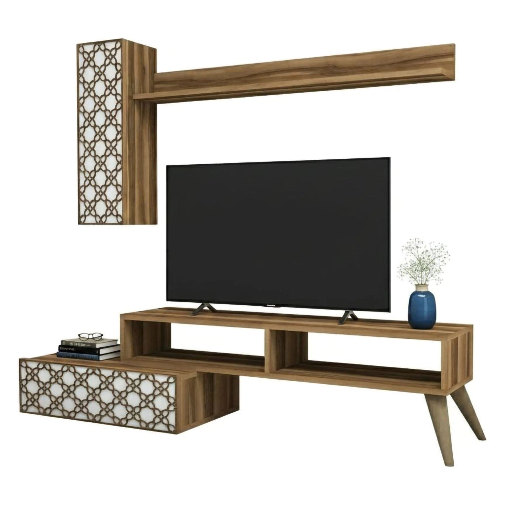 Parete attrezzata Ardara, Composizione soggiorno, Mobile salotto multiuso, Armadio porta TV, 150x37h38 cm, Noce e Bianco