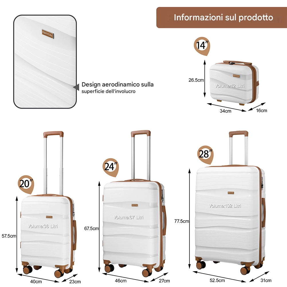 Set 4 Valigie Rivestimento Rigido Polipropilene Bianco Perla Maniglia Telescopica