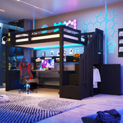 Letto a soppalco 90x200 cm con armadio; scala contenitore; 4 vani e illuminazione LED; pino e MDF; nero