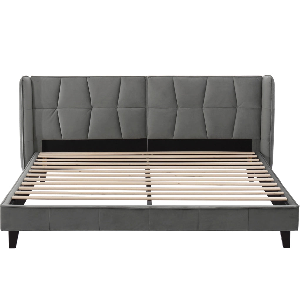 Letto imbottito matrimoniale 180x200 cm in velluto grigio con rete a doghe e testiera