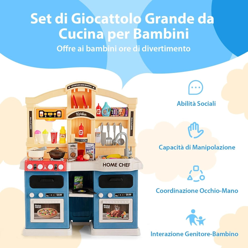 Cucina Giocattolo per Bambini, Cucina per Bambini con Forno, Microonde, Lavello e Rubinetto, Funzione Luci e Suoni, Vapore e Ebollizione, 69 Accessori, per Bambini 3+ Anni (Blu)