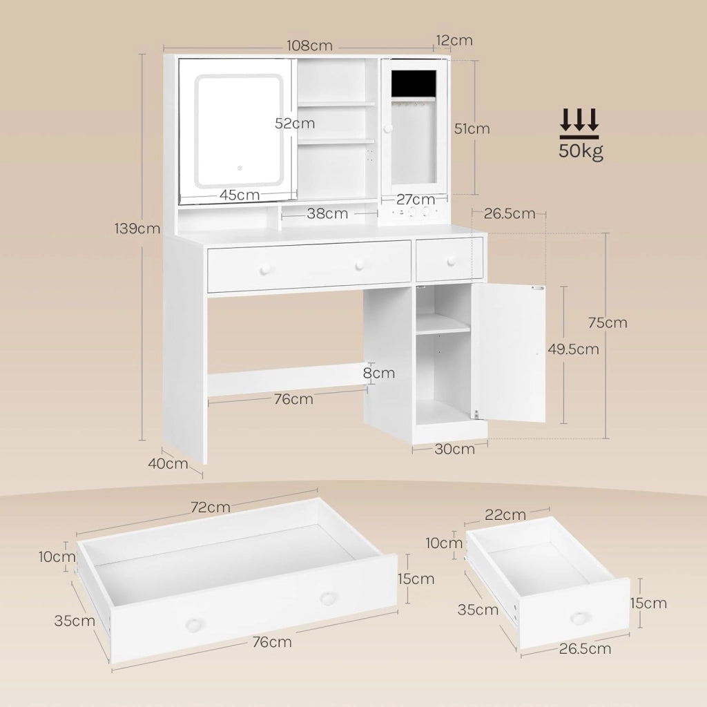 WOLTU Toeletta con Cassetti per Gioielli e Grande Specchio, Sedia da Make Up, Seduta Imbottita, Specchio a Luce LED Regolabile, Tavolo da Trucco con Prese, Cassetti e Ripiani, Bianco