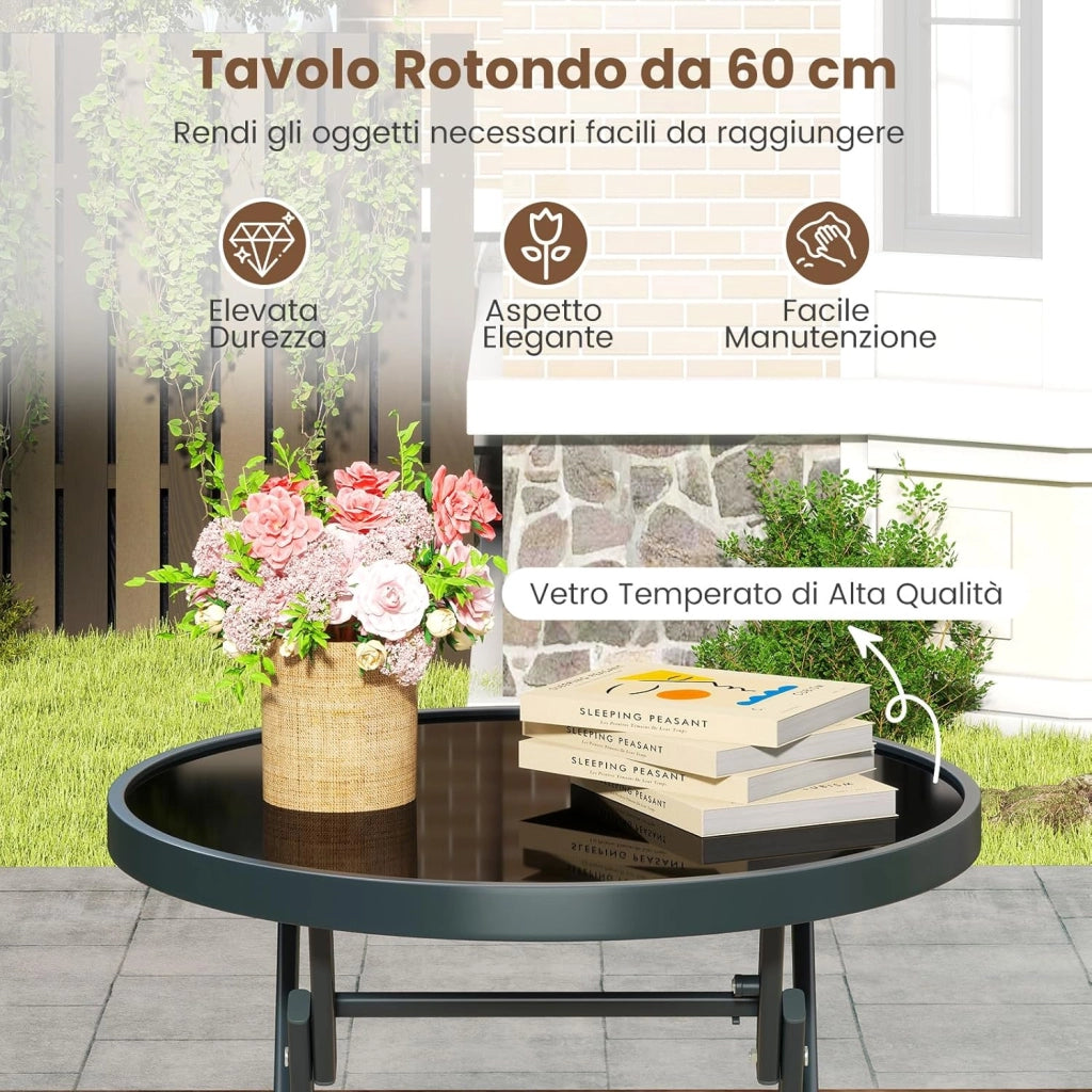 Set Tavolino e Sedie da Giardino Pieghevole, Set Bistro 3 Pezzi, Tavolino con Piano in Vetro Temperato e Metallo, Sedie con Tessuto Textilene Impermeabile, per Balcone, Patio, Piscina