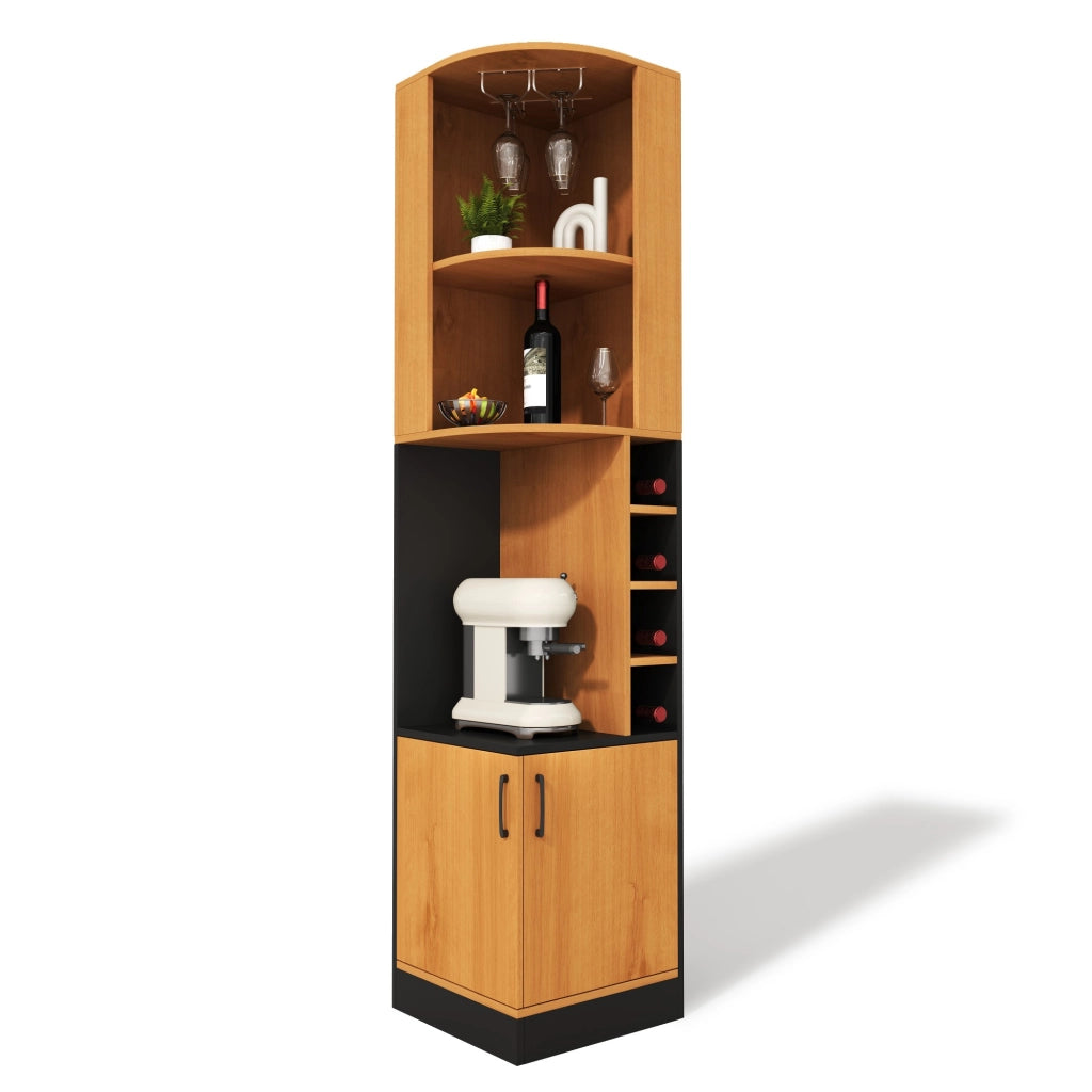 Mobile angolare portabottiglie e portacalici 40x40x182 cm in MDF, con vani aperti e credenza chiusa