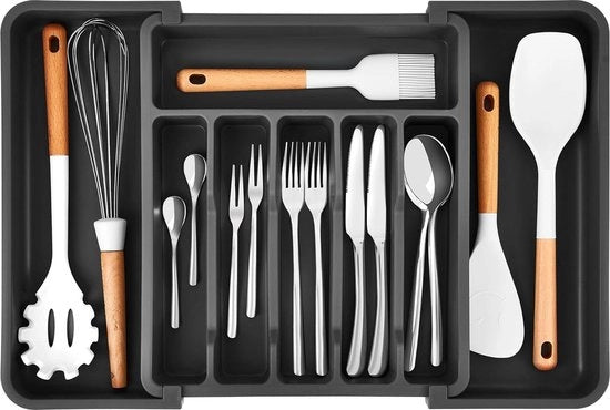 Sostegno per utensili da cucina estensibile - cassetta per posate regolabile - compatta - per cassetti - plastica - cucchiai