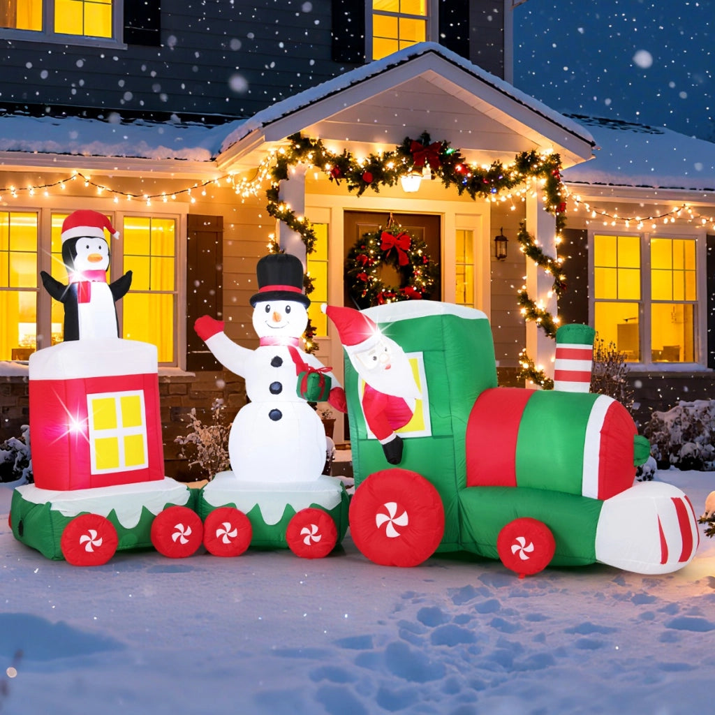 Treno gonfiabile di natale grande decorazione natalizia per giardino e cortile, Treno babbo natale alla guida con pupazzo di neve-Gonfiabili natalizi