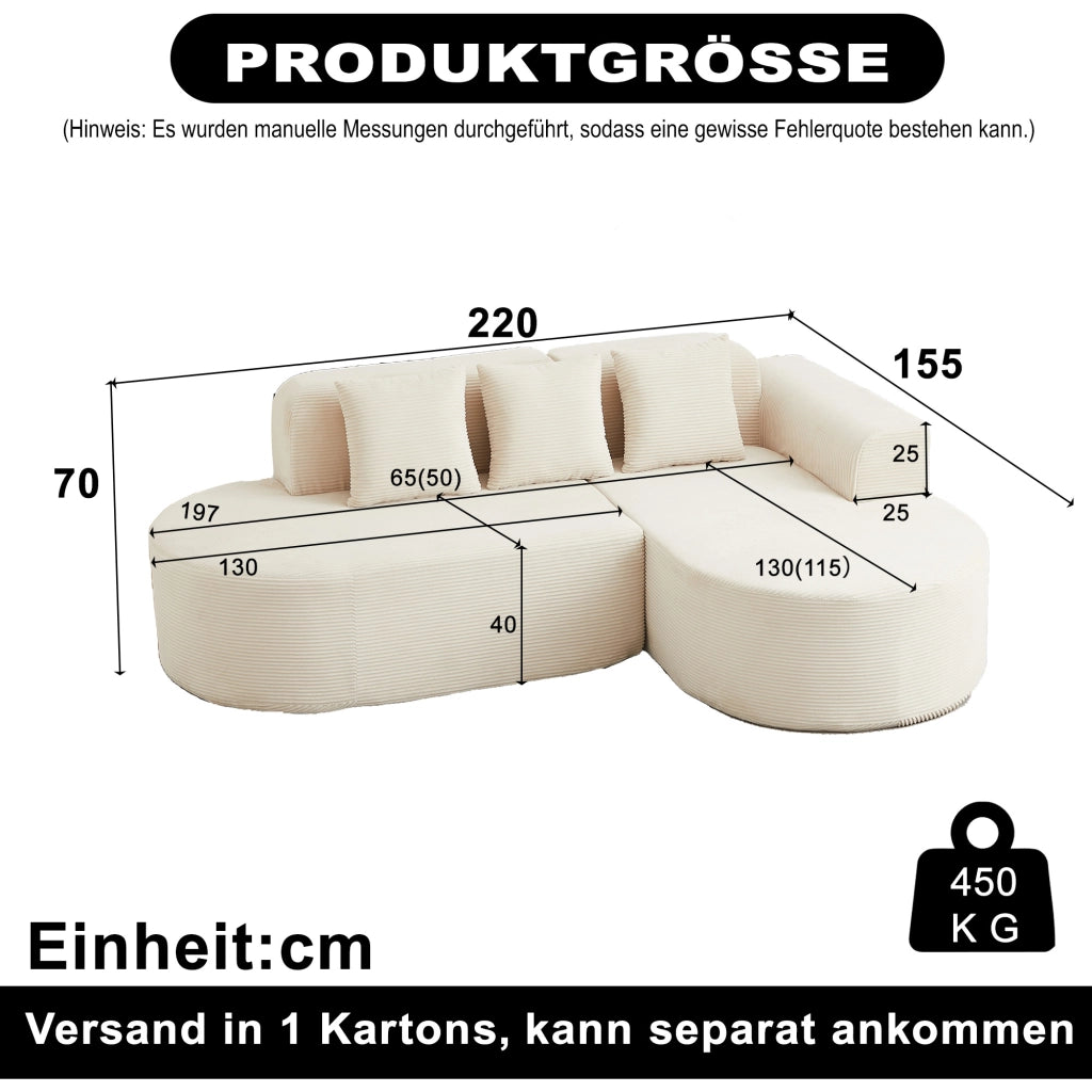 Divano angolare con chaise longue curva; in velluto a coste; beige 220 × 155 × 70 cm