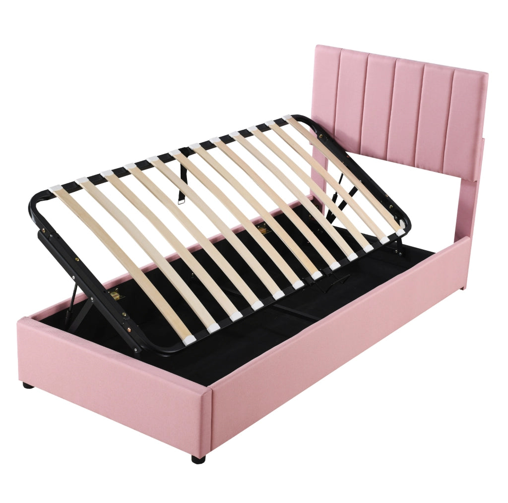 Letto imbottito con contenitore idraulico 90x200 cm; lino; rosa