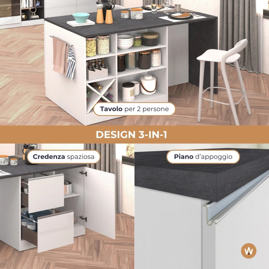 WHOUS Isola da cucina Sole con 1 anta 2 cassetti e 6 vani bianco lucido/report 153x90x91 cm