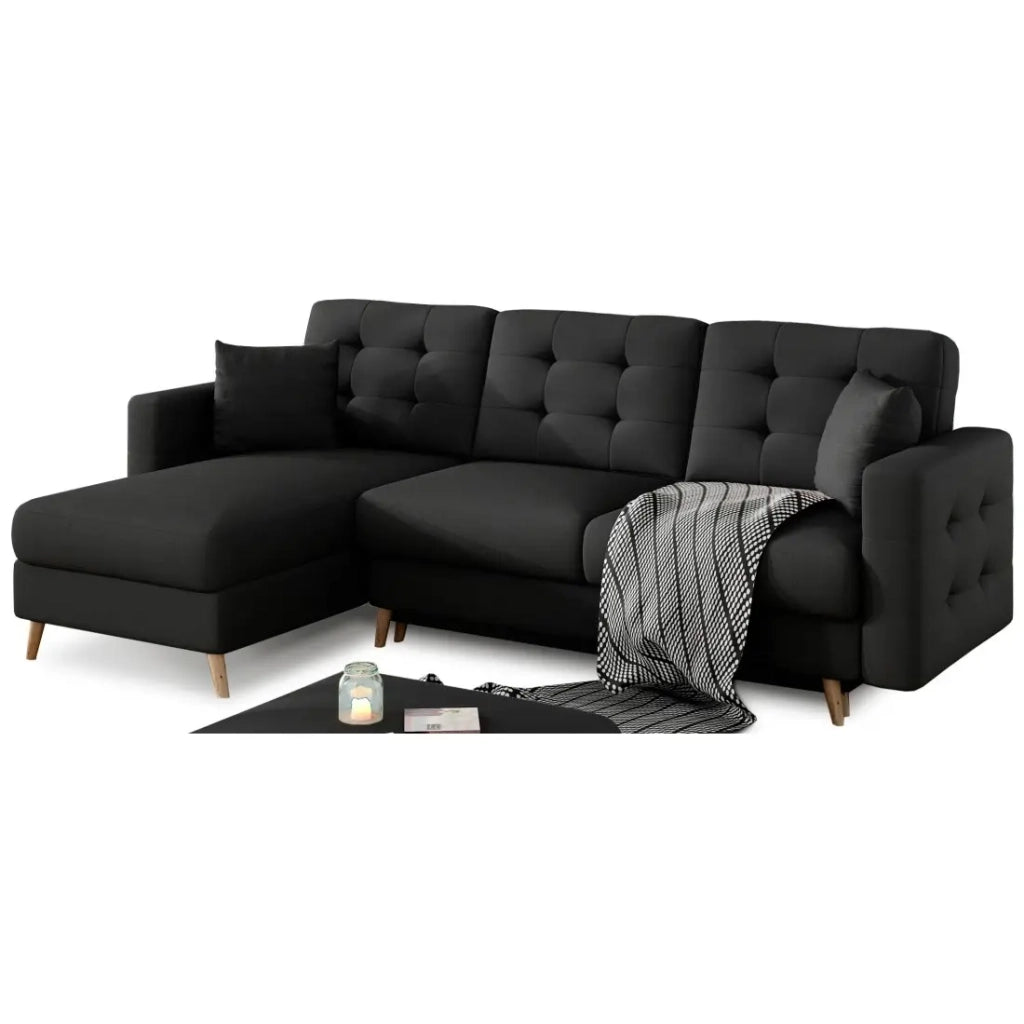 Divano angolare convertibile HASGARD 3 posti nero 248x162 cm - con vano contenitore e piedi in legno
