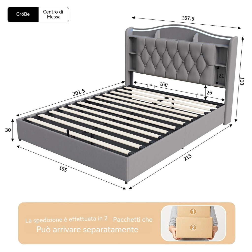 Letto matrimoniale con contenitore 160x200 cm imbottito con testiera portaoggetti LED USB Type-C alzata idraulica velluto grigio