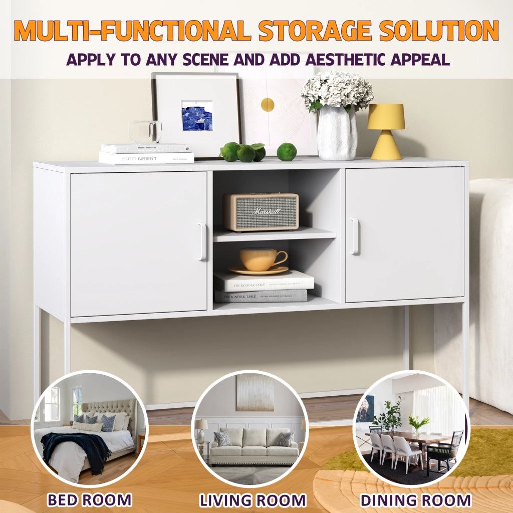 Credenza e madia in metallo con 6 vani e 3 ripiani fissi, per cucina e soggiorno, bianco, 120 × 40 × 75 cm