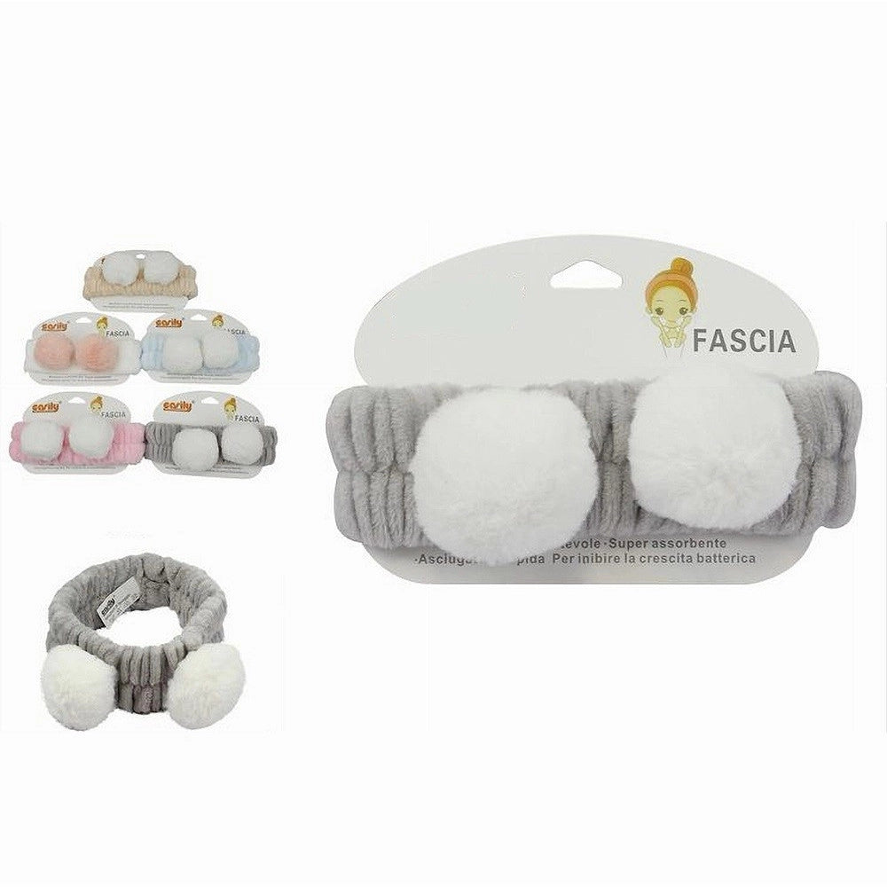 Trade Shop - Fascia Per Capelli Doccia Shampoo Trucco Spugna Orecchie Pon Pon 5 Colori 79297 -
