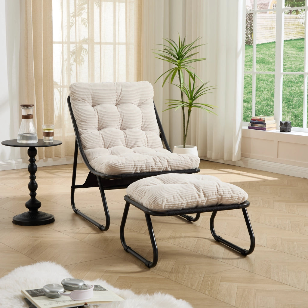 Poltrona da Esterno con Poggiapiedi Reclinabile; Design Curvo; Seduta Traspirante con Cuscino; Acciaio Nero e Bianco