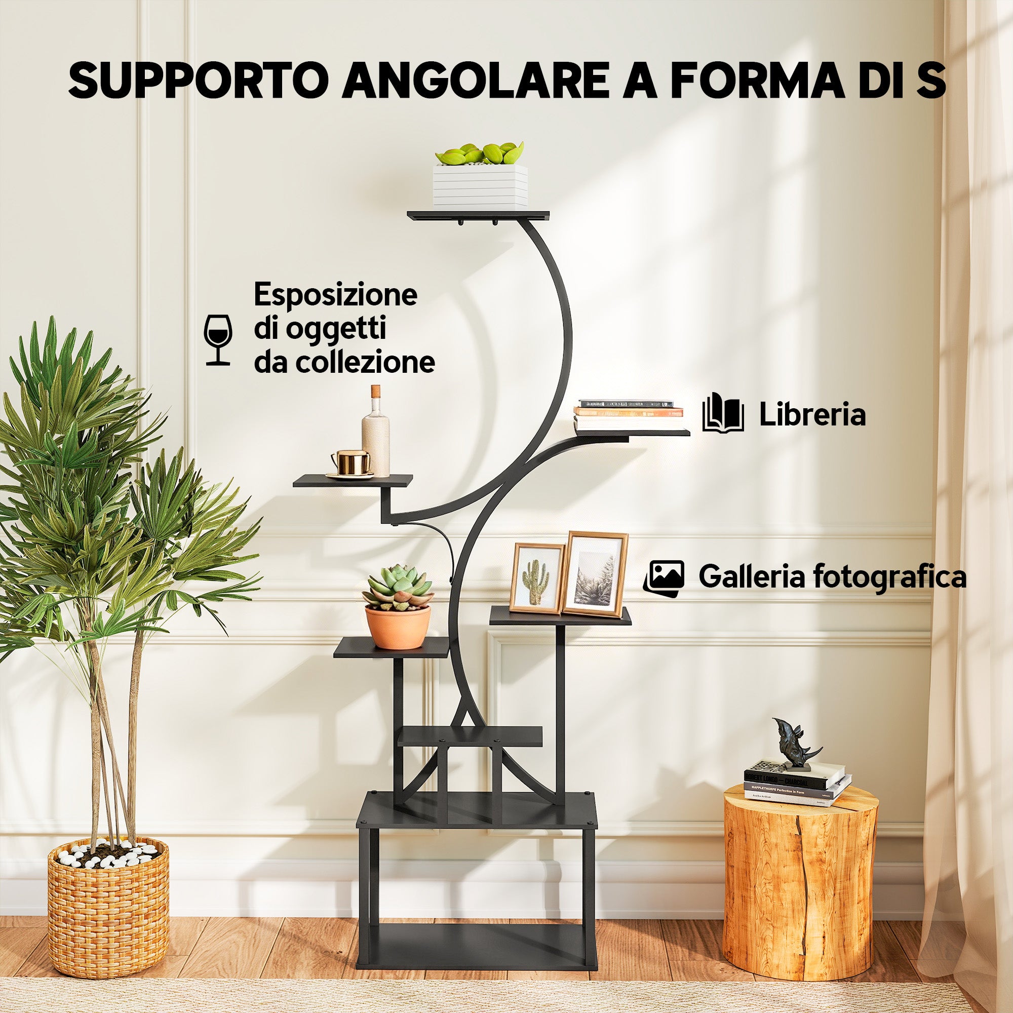 Portapiante a 8 Livelli 74x26x158,5 cm con Design a S per Interni ed Esterni in Metallo Nero