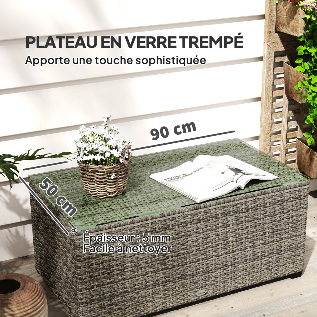 Tavolino da giardino ¨C zephmum ¨C grigio scuro, vetro temperato, resina intrecciata, 90x50x38 cm
