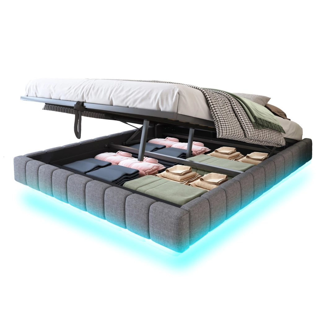 Letto matrimoniale imbottito 180x200 cm con contenitore; LED; effetto sospeso; grigio