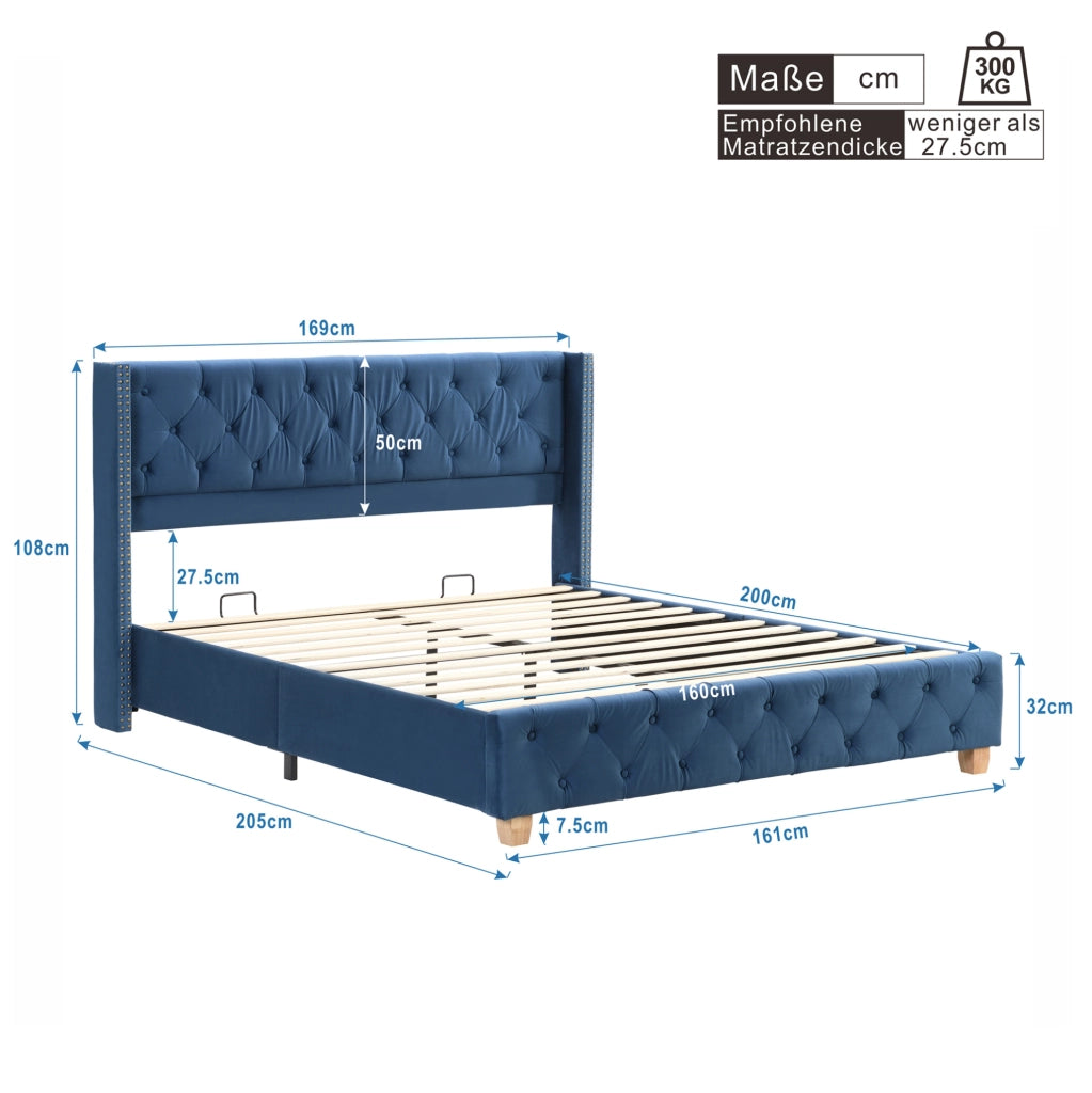 Letto imbottito 160x200 cm in velluto blu con testiera trapuntata e rete a doghe