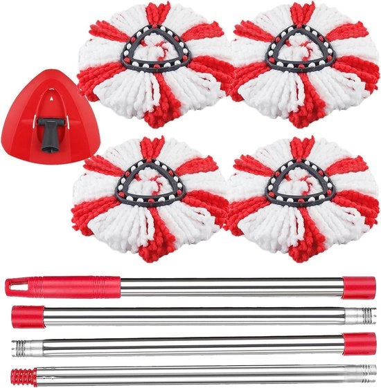 Verricchiatore Turbo Spin per Spazzolone a Rotazione - EasyWring & Pulizia - Capo Spazzolone a Strisce Rosse - 1 Tanke + Manubrio Metallico