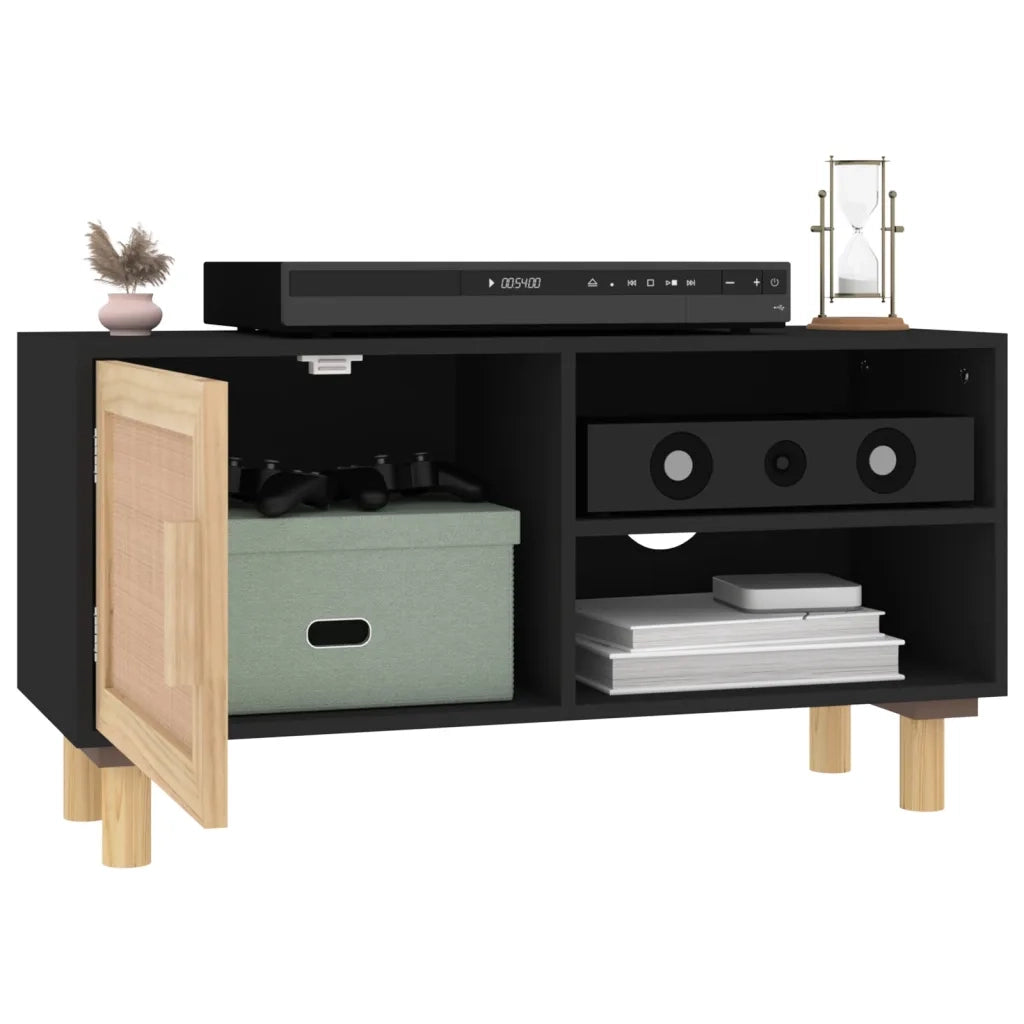 Mobile TV | Armadietto TV | Mobile Porta TV Nero 80x30x40 cm Massello Pino e Rattan Naturale