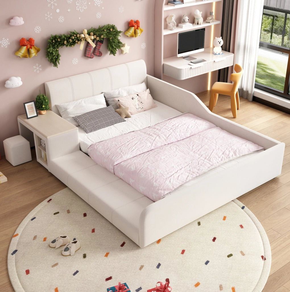 Letto imbottito 140x200 cm con scrivania; sgabello e ripiano in velluto bianco