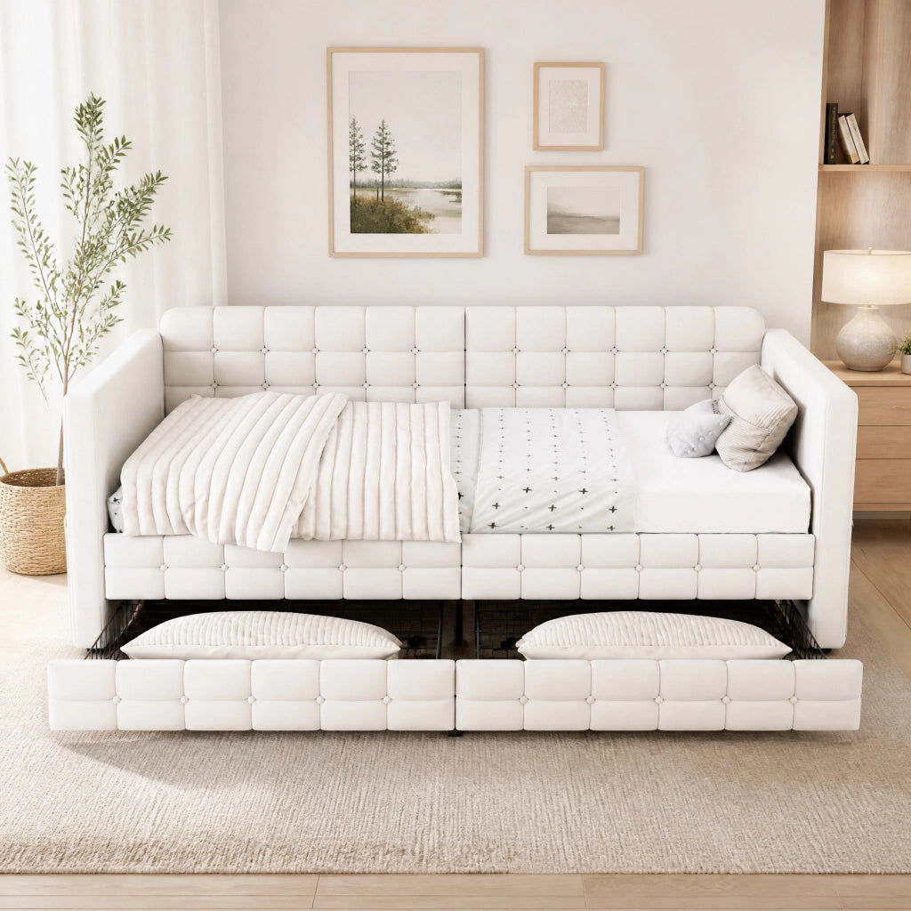 Letto imbottito 90x190 cm con contenitore, tasche laterali, 2 cassetti, tessuto effetto velluto, beige