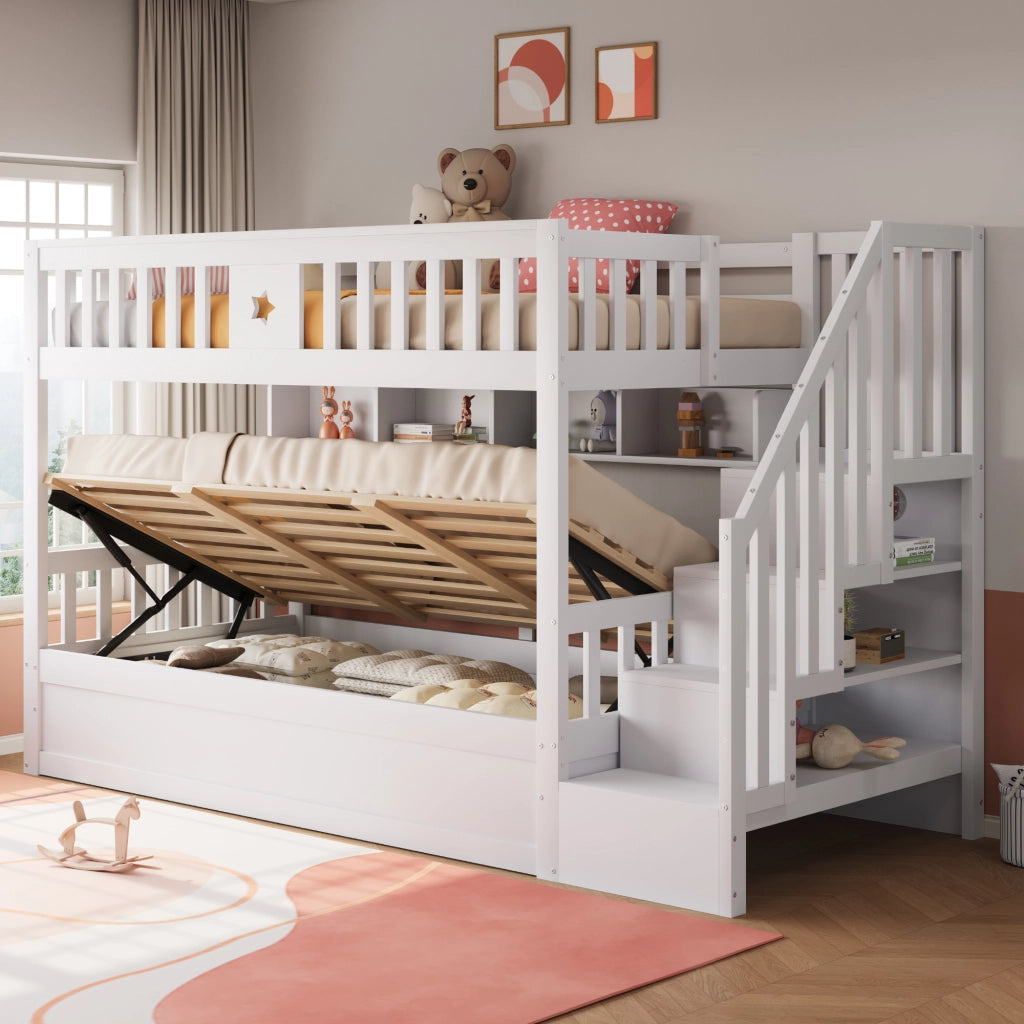 Letto a castello in legno bianco 90x200 cm con letto idraulico; scaletta contenitore e ripiani