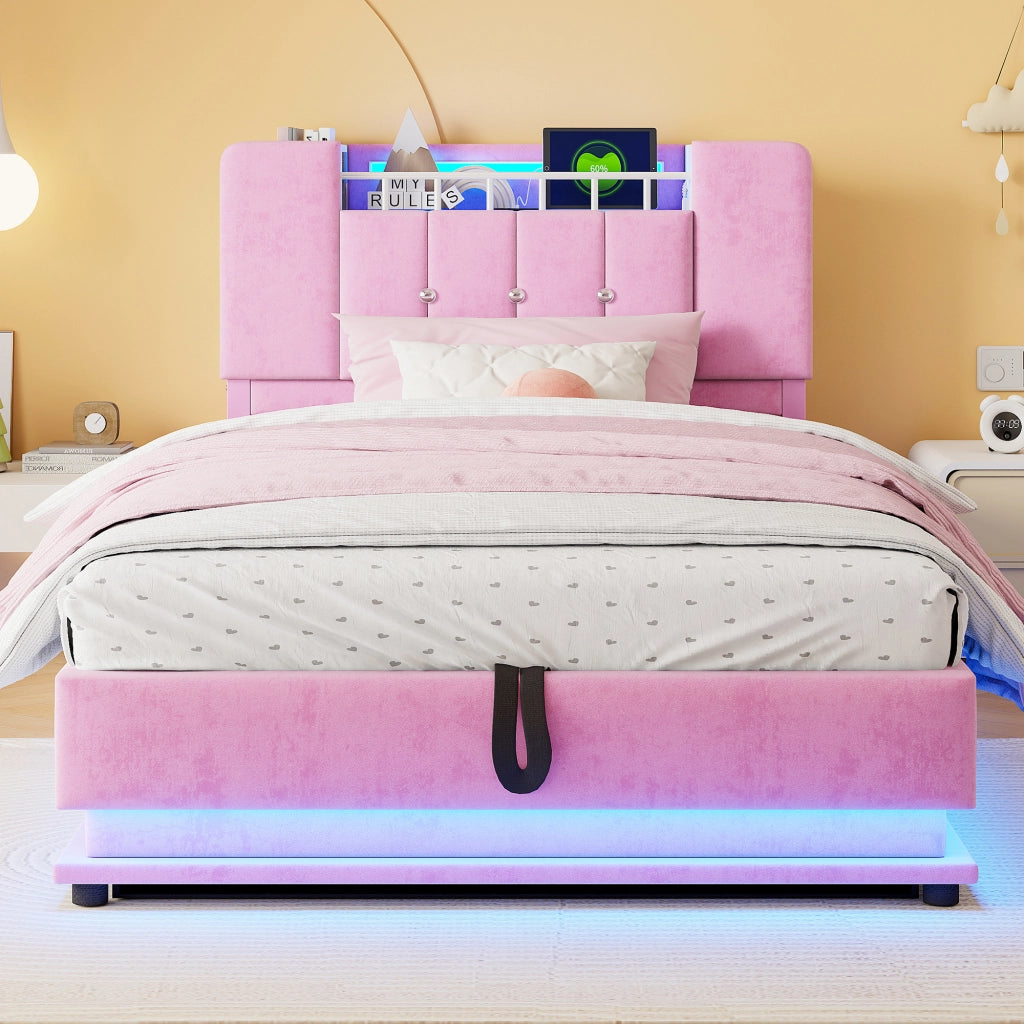 LETTO Polsterbett per bambini 90x200 cm Rosa in velluto con LED, USB e contenitore