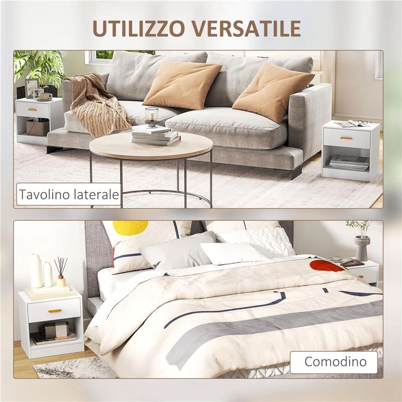 SET 2 COMODINI MODERNI IN LEGNO CON CASSETTO E RIPIANO APERTO 39X28X41 CM BIANCO