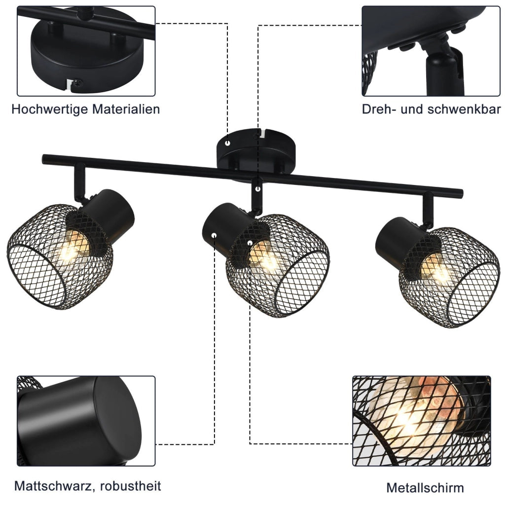ZMH Lampada da soffitto 3 faretti orientabili E27 metallo nero stile retrò 25W per soggiorno corridoio cucina cameretta