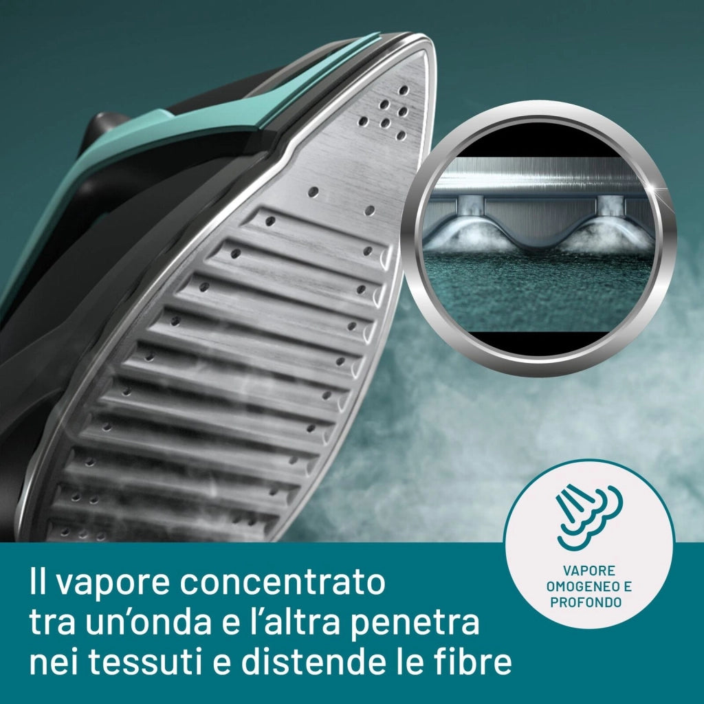 Imetec 9028 Onda P1 Ferro da Stiro Generatore di Vapore 2400W 6 bar Serbatoio 2,5L Piastra Onde Brevettata colore Nero Turchese