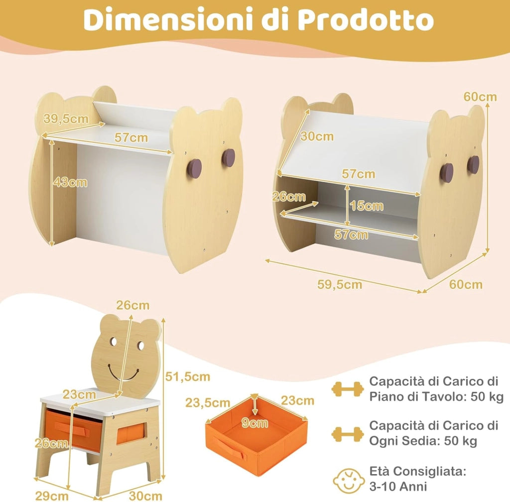Set Tavolo e Sedia per Bambini 3+ Anni, Tavolo Multifunzionale con Lavagna Bifacciale, Ripiano e 4 Ganci Laterali, Sedia Comoda con Cassetto Rimovibile per Cameretta e Asilo (Naturale)