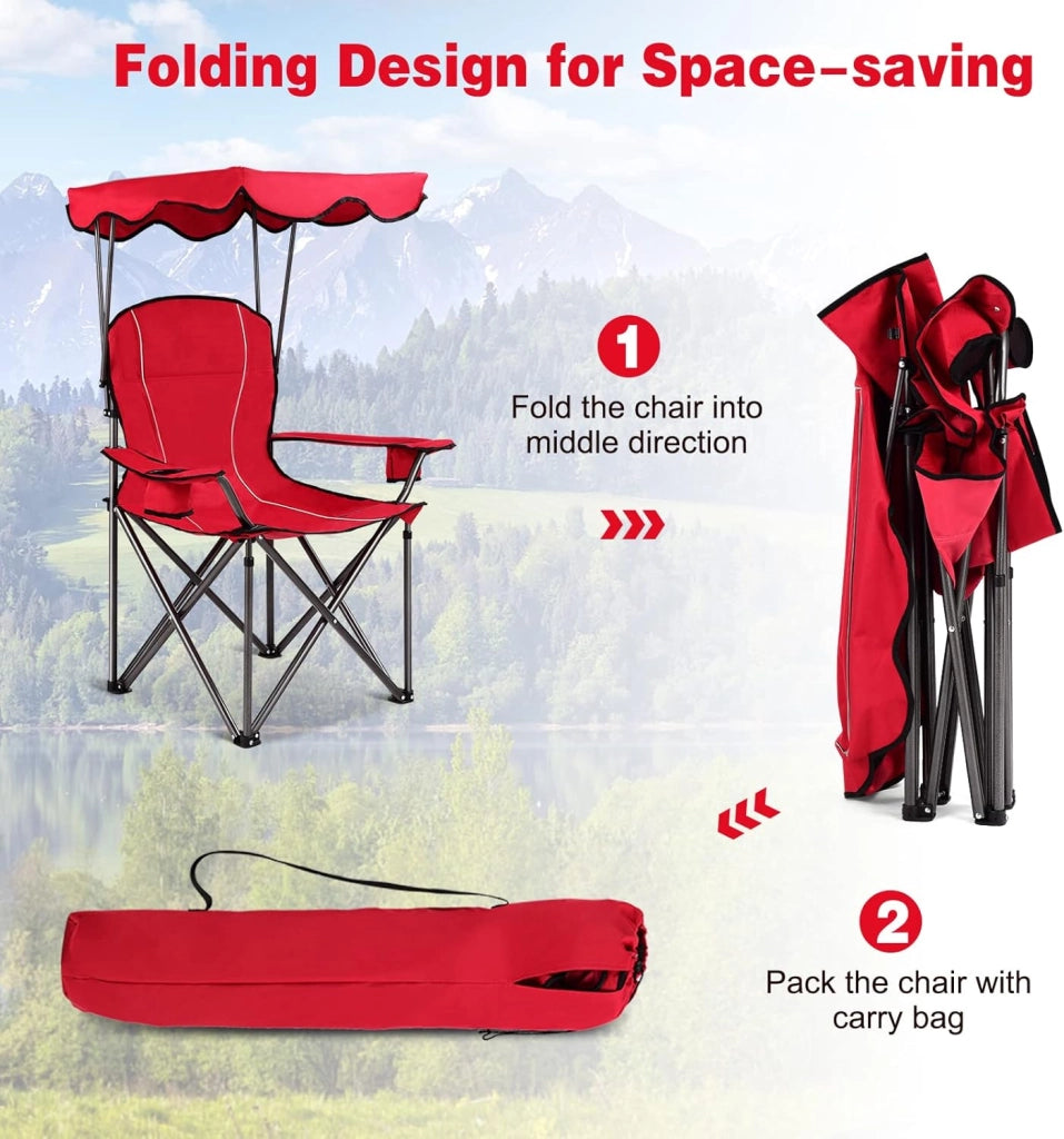 Sedia Pieghevole da Campeggio Leggera con Tetto, 2 Portabicchieri e Borsa per il Trasporto, per Patio, Spiaggia, Campeggio, 91x67x137cm, 2 Colori (Rosso)