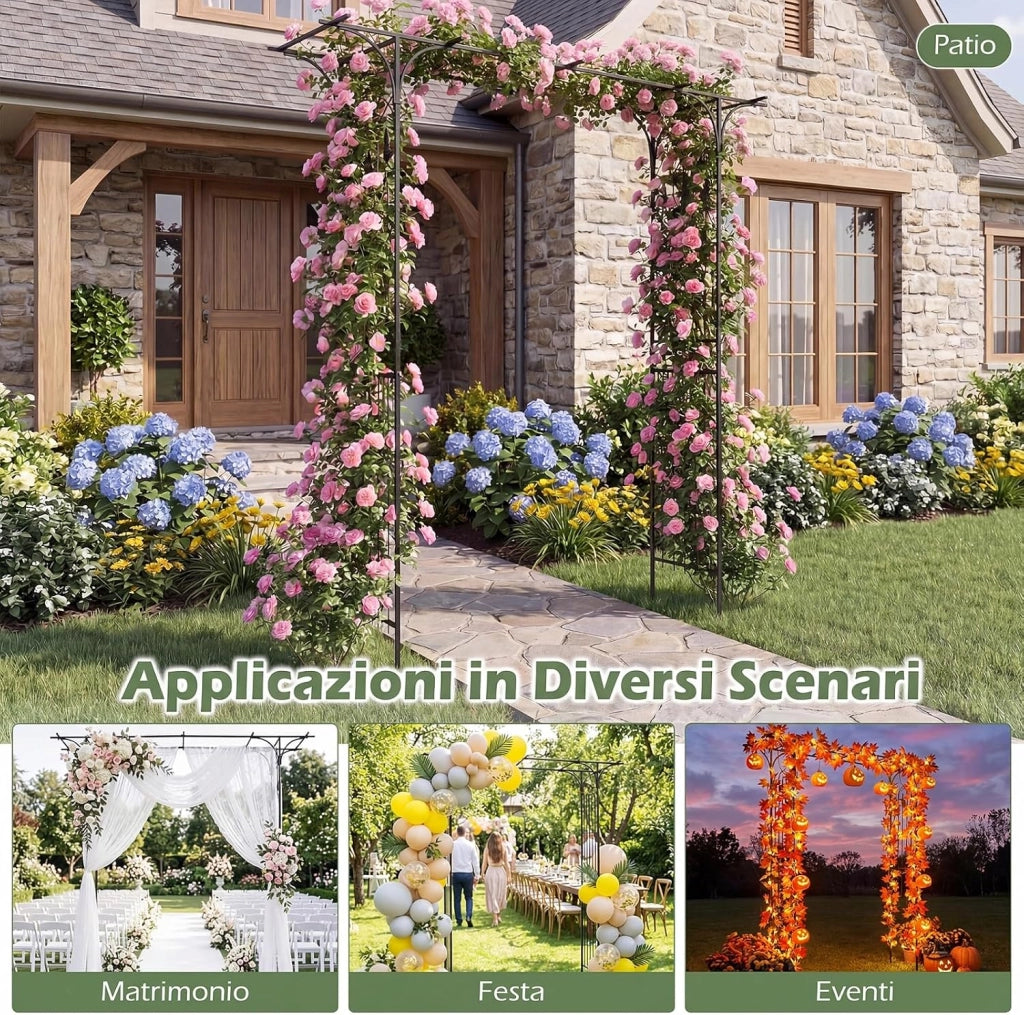 Arco da Giardino, Traliccio ad Arco per Rampicanti, 206x40,5x215 cm | Pergolato da Esterno in Metallo con Tetto Piatto e Elegante Motivo a Traforo per Matrimonio e Festa