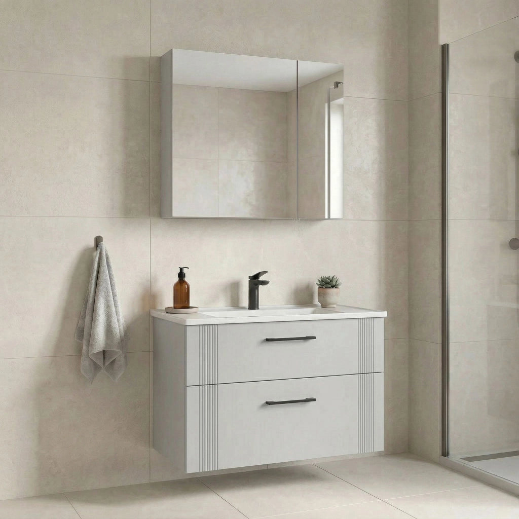 Set mobile lavabo con specchio (2 pezzi) "Bari 85 v2" - 85 x 45 x 55 cm - Bianco opaco