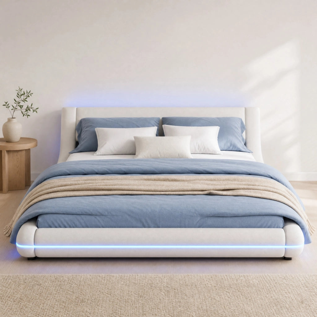 LETTO a pavimento 160x200 cm in PU bianco con illuminazione LED