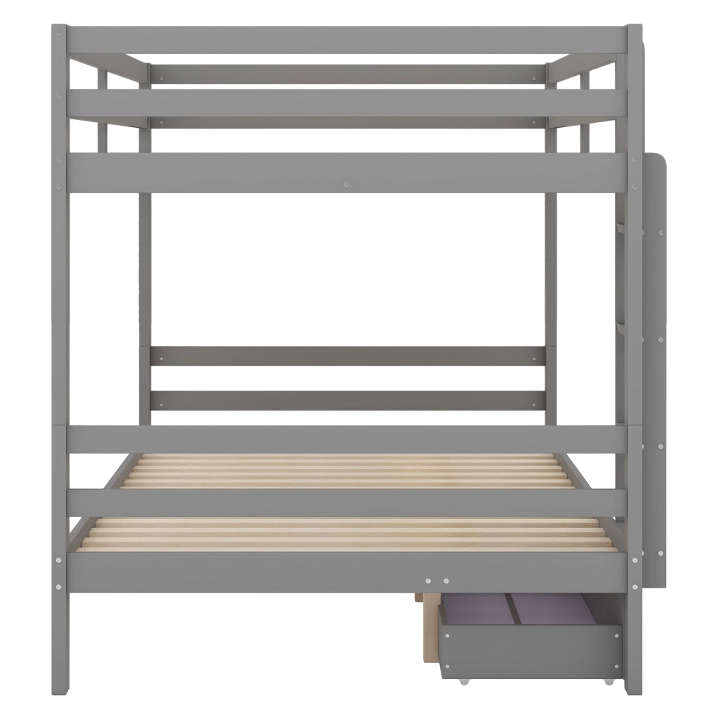 Letto a castello in legno di pino e MDF 140x200 cm grigio con cassetti e scala