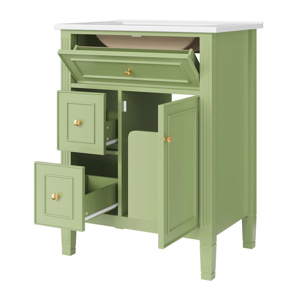 Mobile bagno con 1 anta; 3 cassetti e lavabo in ceramica; soft close; per bagno; 61×47×86 cm; verde