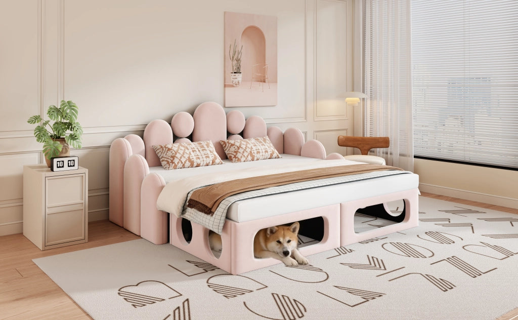 Divano letto 180×200 cm 2 posti; convertibile; in velluto; con letto per animale; senza materasso; rosa