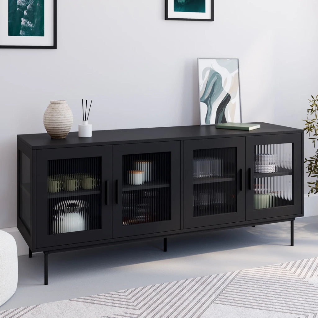IDMarket - Credenza ZINEB 140 cm, 4 ante in vetro, frontale nero scanalato