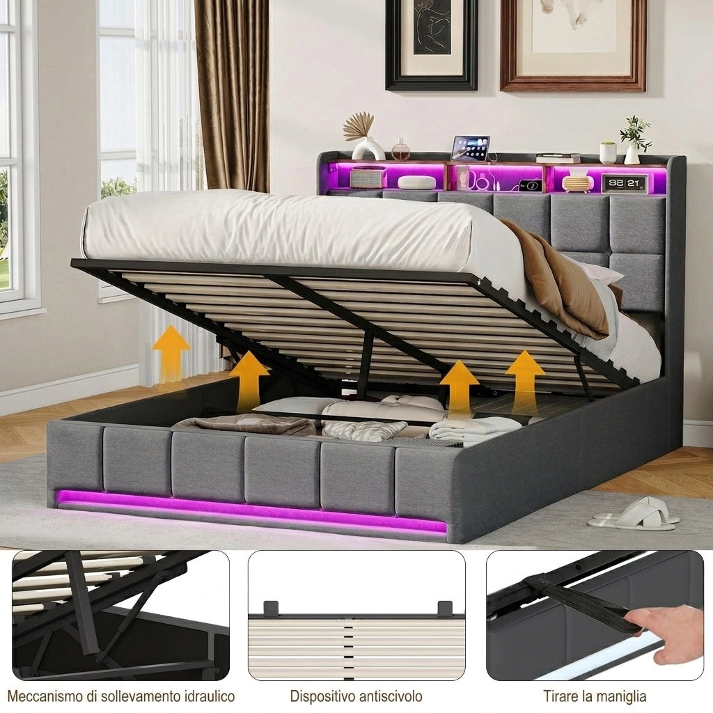 Letto una piazza e mezza 140x200 cm con contenitore LED USB testiera con mensola rete a doghe in lino - grigio