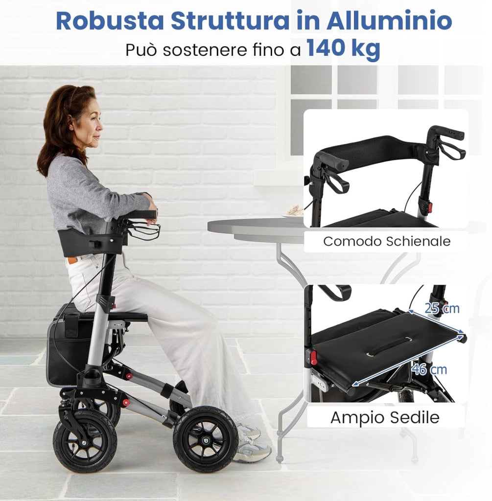 Deambulatore Pieghevole per Anziani in Alluminio, Rollator Regolabile in Altezza con Seduta, Schienale e Freni, Girello per Anziani con Borsetta, Carico Massimo 140 kg (Argento)