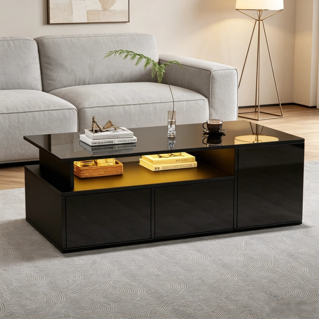 Tavolino da salotto 100x50x35 cm con LED; doppio cassetto; pannello truciolare nero