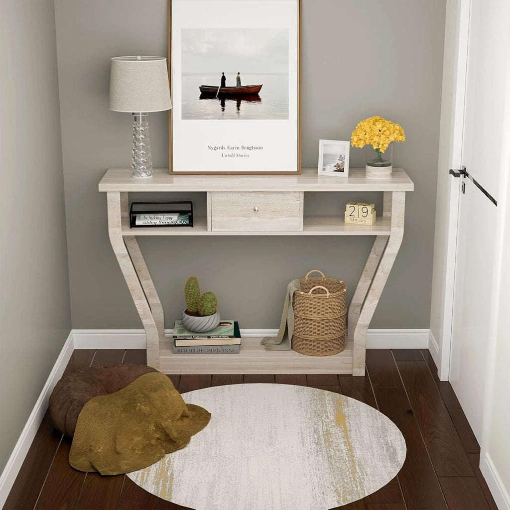 Tavolo Consolle Legno, a 3 Ripiani, Stretto e Compatto, Cassetto con Manico, Console per Soggiorno, Salotto, Ingresso, Portata di 60 kg, 120x30x81cm, 3 Colori (Grigio)