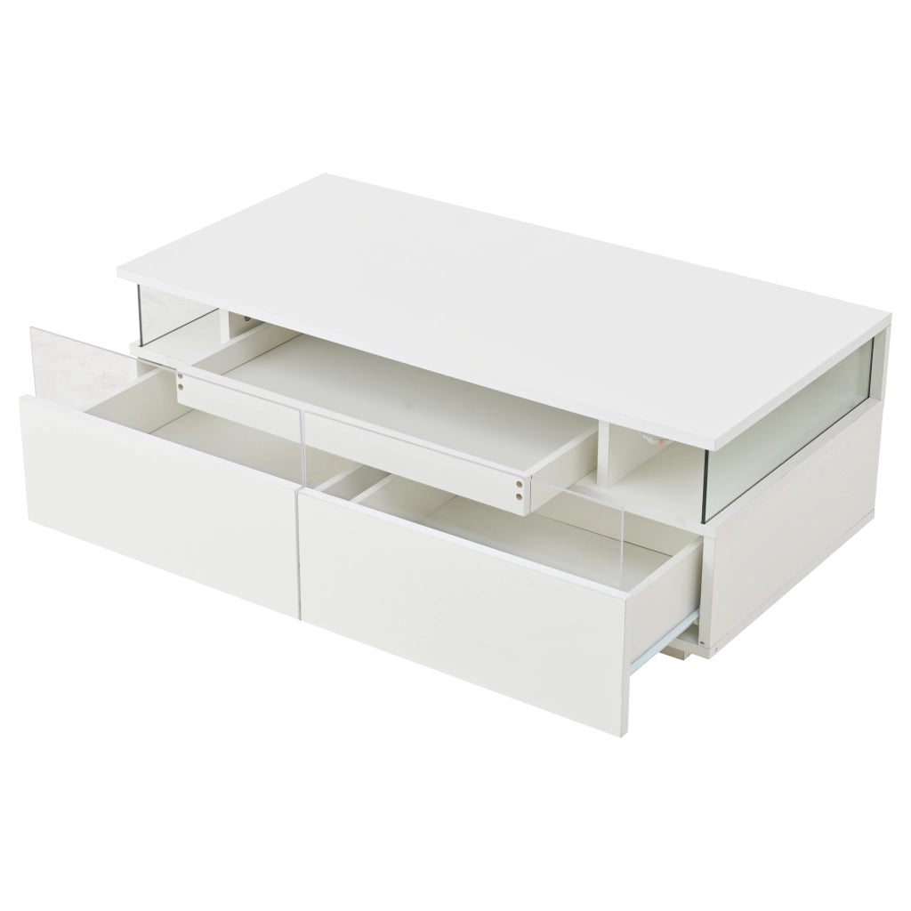 Tavolino da caffè 90 x 45 x 35,5 cm bianco lucido con vassoio estraibile, 2 cassetti, LED e piano in vetro temperato
