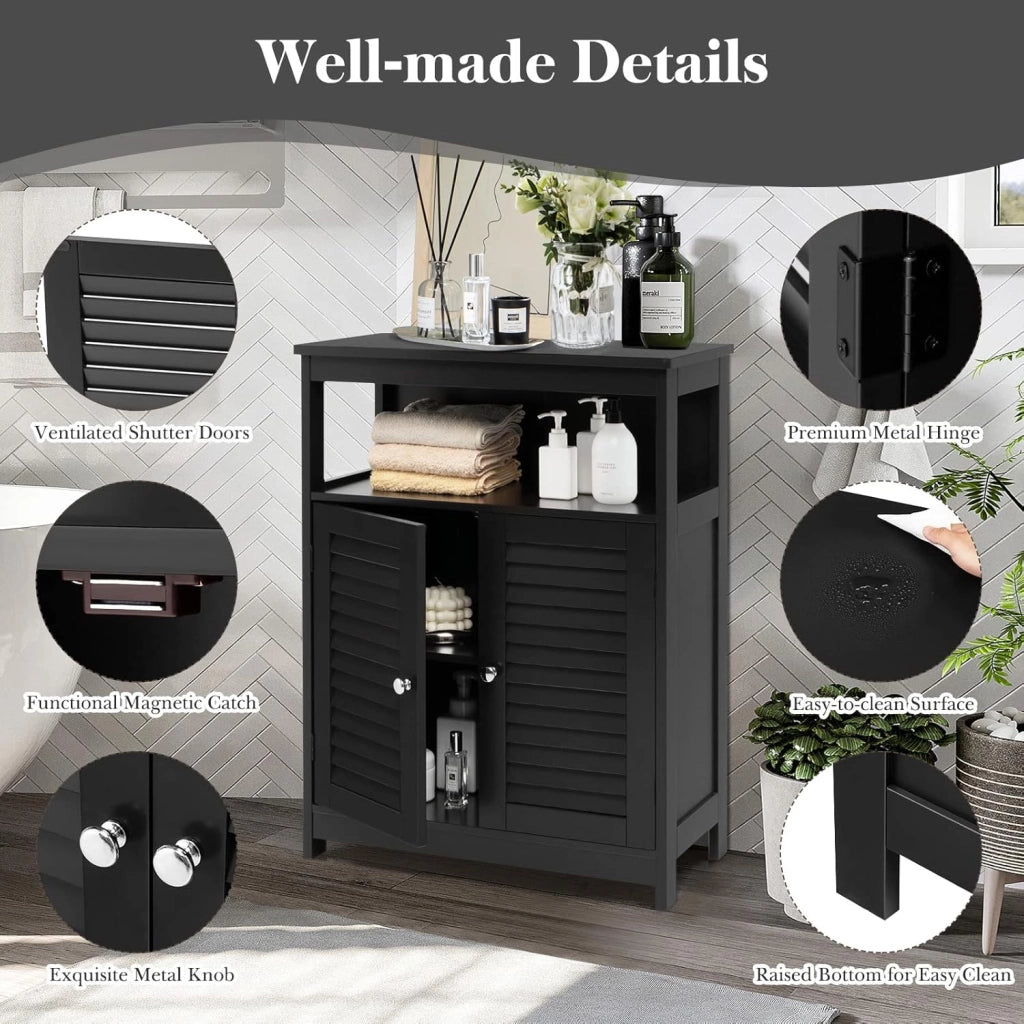 Armadietto da bagno, in legno, con ripiano regolabile in altezza, credenza con 2 ante persiane, mobile per bagno, cucina (nero)