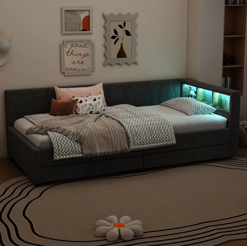 Letto daybed 90x200 cm in lino grigio con LED; USB e Type-C; 2 cassetti e vani contenitore