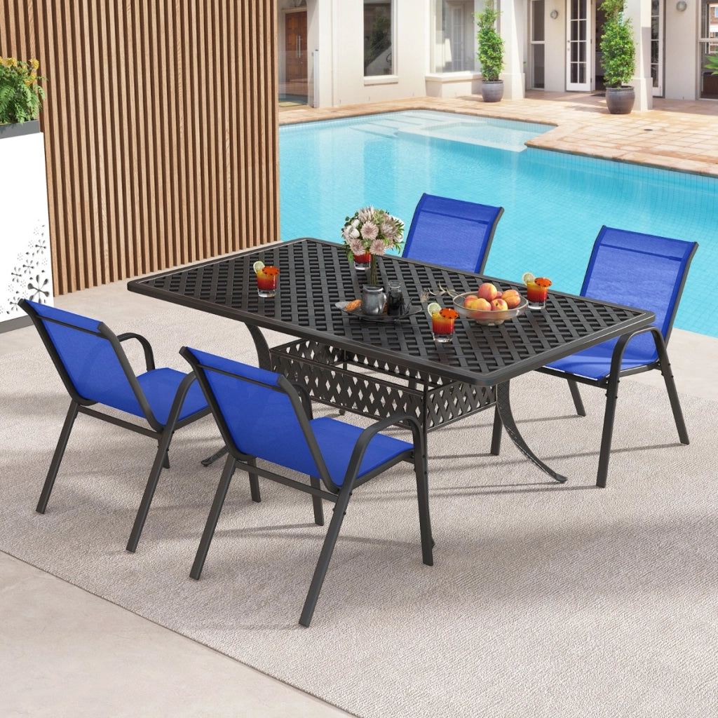 Set di 2 sedie da patio impilabili in metallo con braccioli, Sedie da pranzo in tessuto traspirante Blu-Sedie da esterno