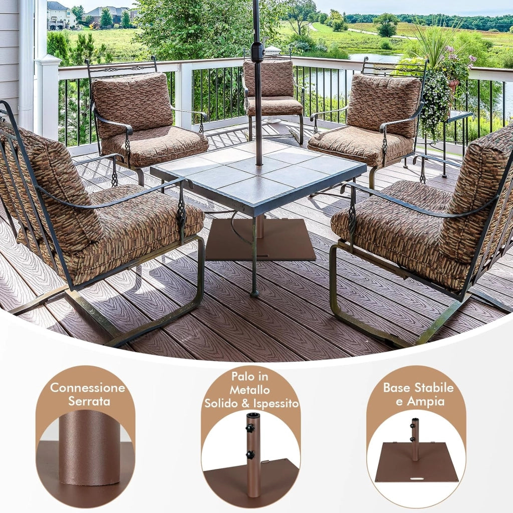 Base per Ombrellone 22,5 kg, Quadrato 60 cm, Adattatori 4/5 cm, 2 Ruote 2 Manopole Impugnatura Esterna, per Terrazza Piscina Spiaggia (Marrone)