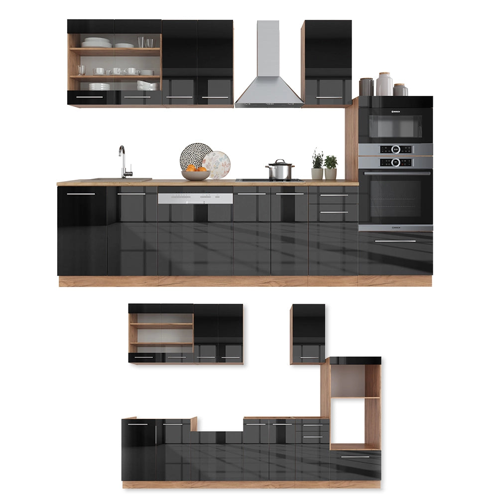 Cucina componibile Fame-Line Antracite lucido/Rovere dorato 300 cm con armadio alto, PL Marmo Vicco